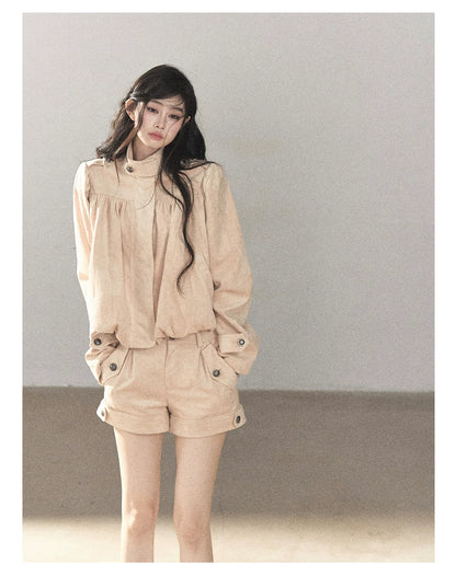 AOMALM - Mauve Faux Suede Jacket & Cargo Shorts Set
