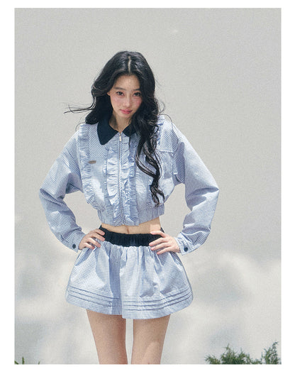“English Manor” Plaid Cropped Top & Bubble Mini Skirt Set