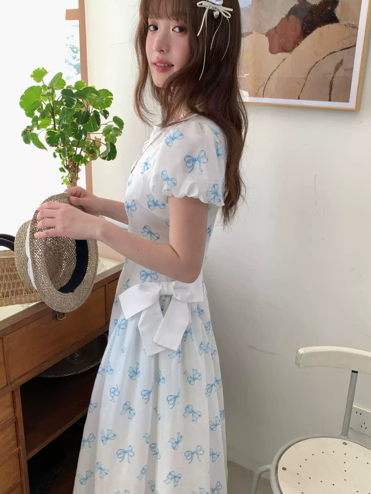 [RF] “Blue Butterfly Letter” Light Blue Floral Bow Midi Dress