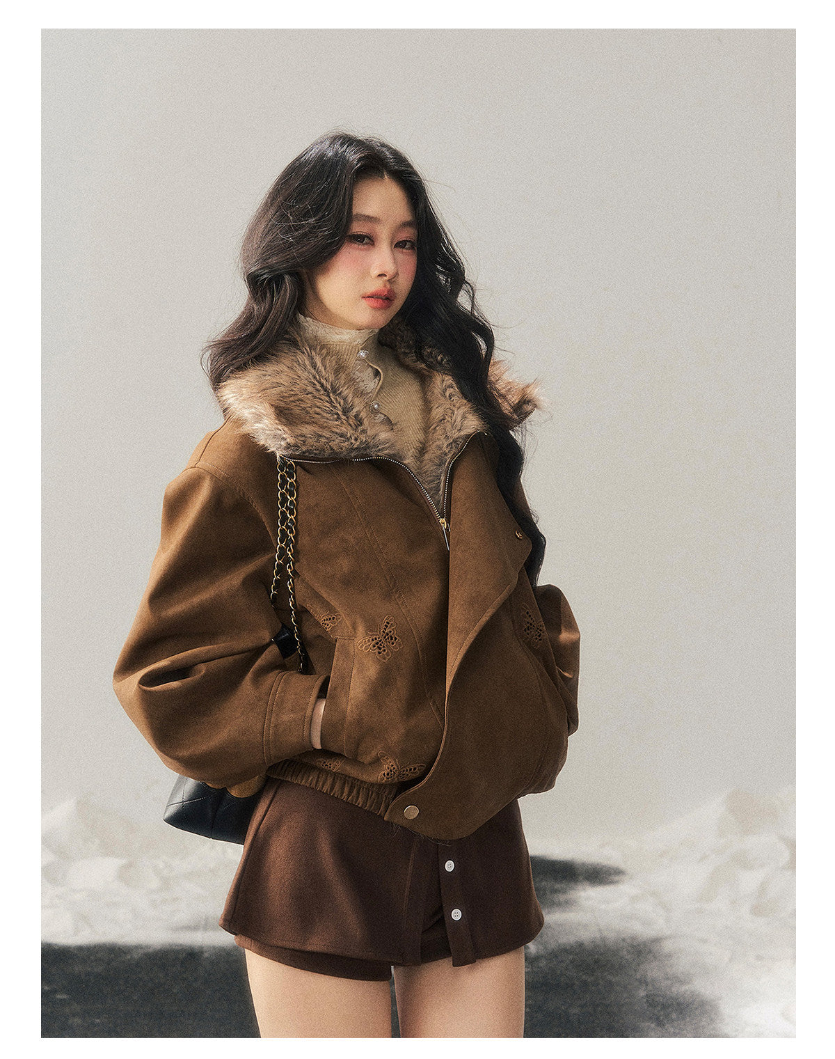 少也眼 "Cloud Veils Over the Mountains" Hepburn-Style Padded Faux Suede Butterfly Coat