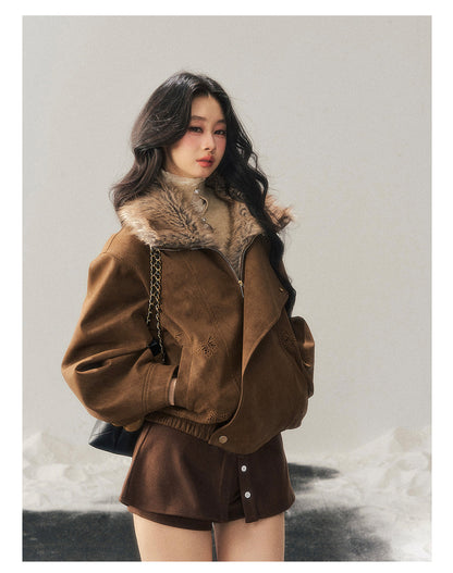 少也眼 "Cloud Veils Over the Mountains" Hepburn-Style Padded Faux Suede Butterfly Coat