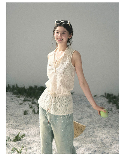 “Summer Breeze Kissing the Hem” Ivory Lace Layered Sleeveless Top