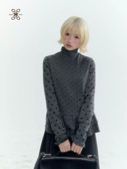 Horridale - Dark Gray Polka Dot Mock Neck Layering Top with Ruffle Hem