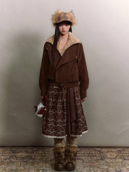 Soote Season - “Melard Mood” Retro Faux Suede Shearling-Trim Biker Jacket - Deep Roast Brown