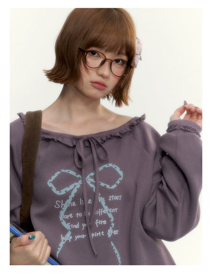 Deep Purple Bow-Tie Lettuce-Trim Off-Shoulder Sweatshirt