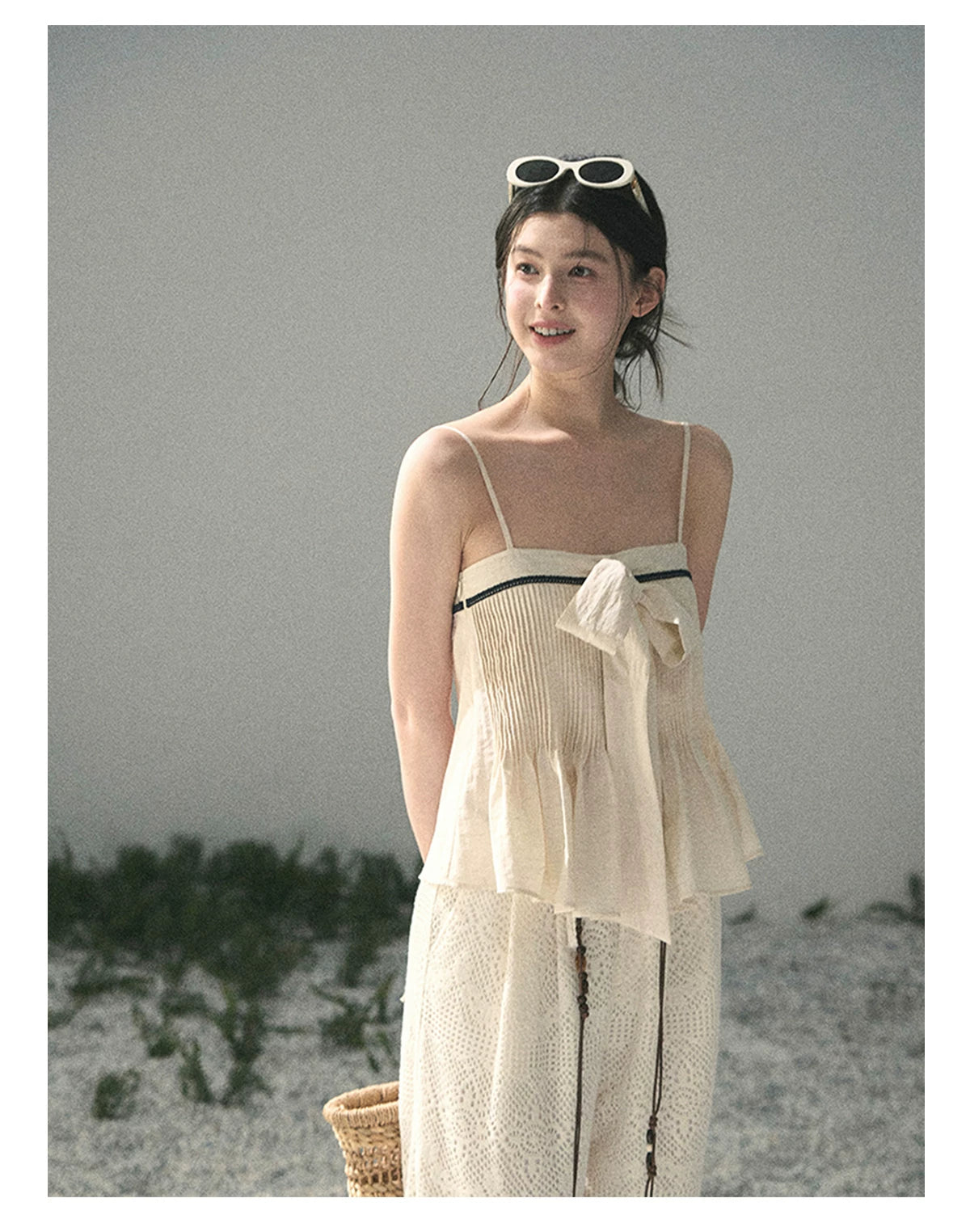 “Breeze Over Pleats” Cream Ribbon Camisole Top