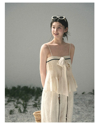 “Breeze Over Pleats” Cream Ribbon Camisole Top