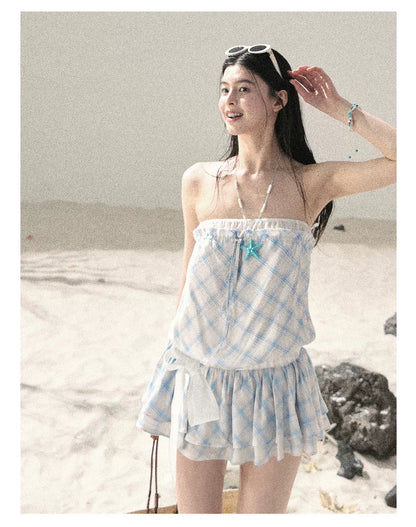 "Breeze Upon the Waves" Ice Crystal Blue Off-Shoulder Diamond Quilted Mini Dress