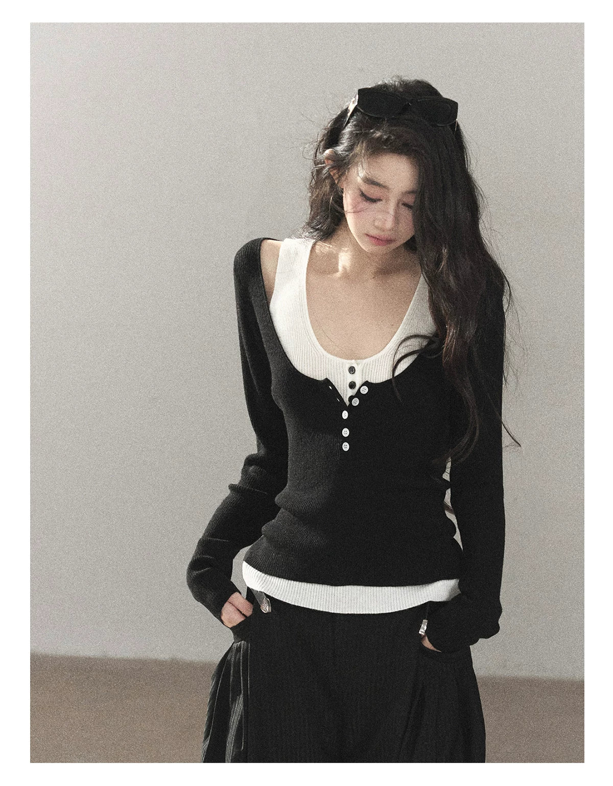 AOMALM - Korean U-Neck Faux Layered Knit Top