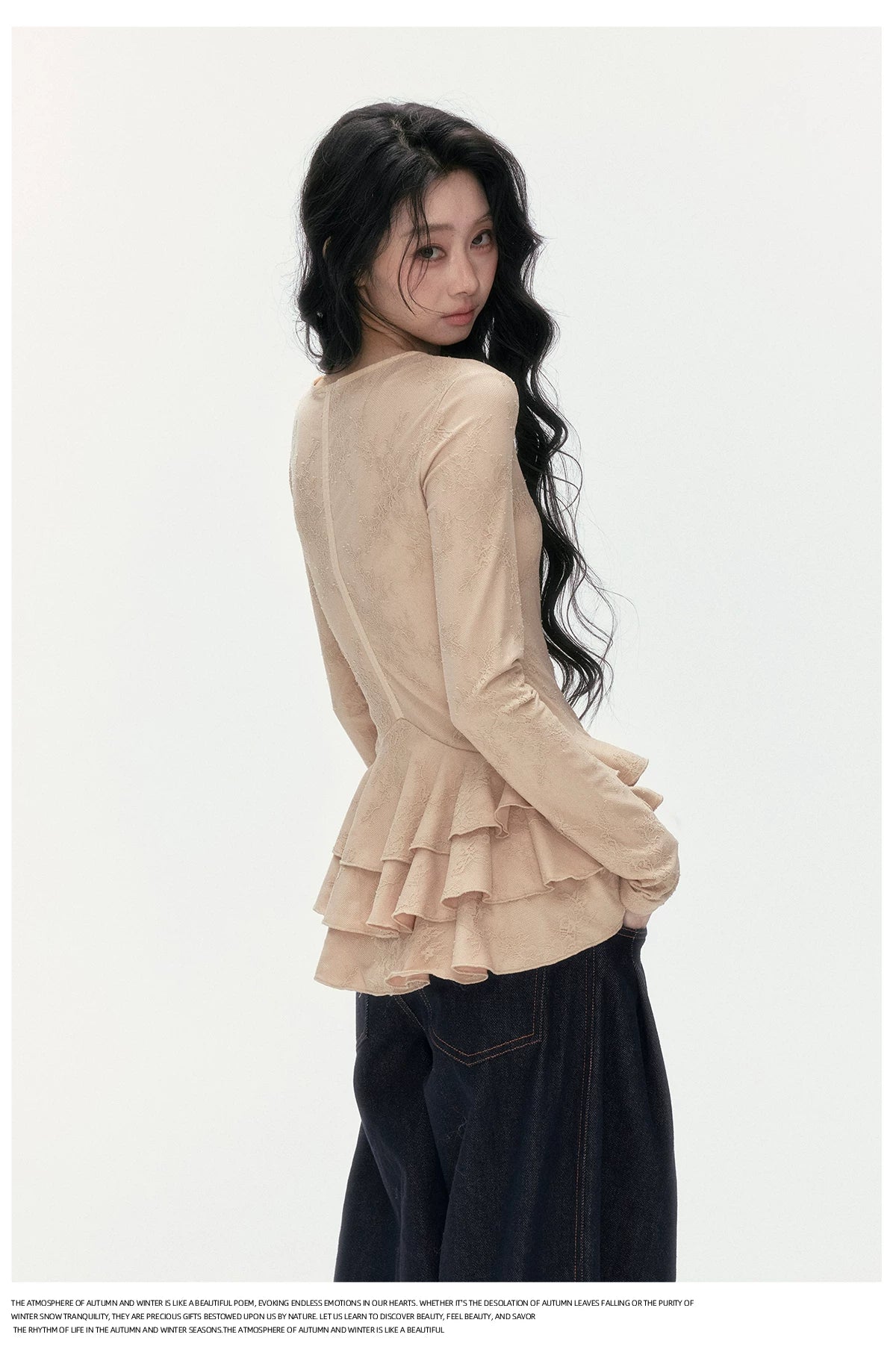 24olvides - V-Neck Lace Top with Tiered Hem (White / Khaki)