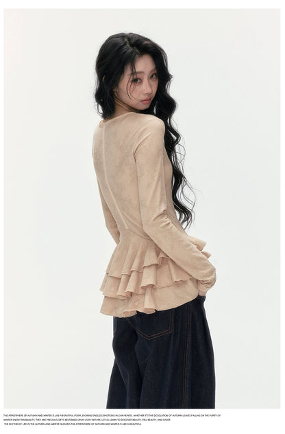 24olvides - V-Neck Lace Top with Tiered Hem (White / Khaki)