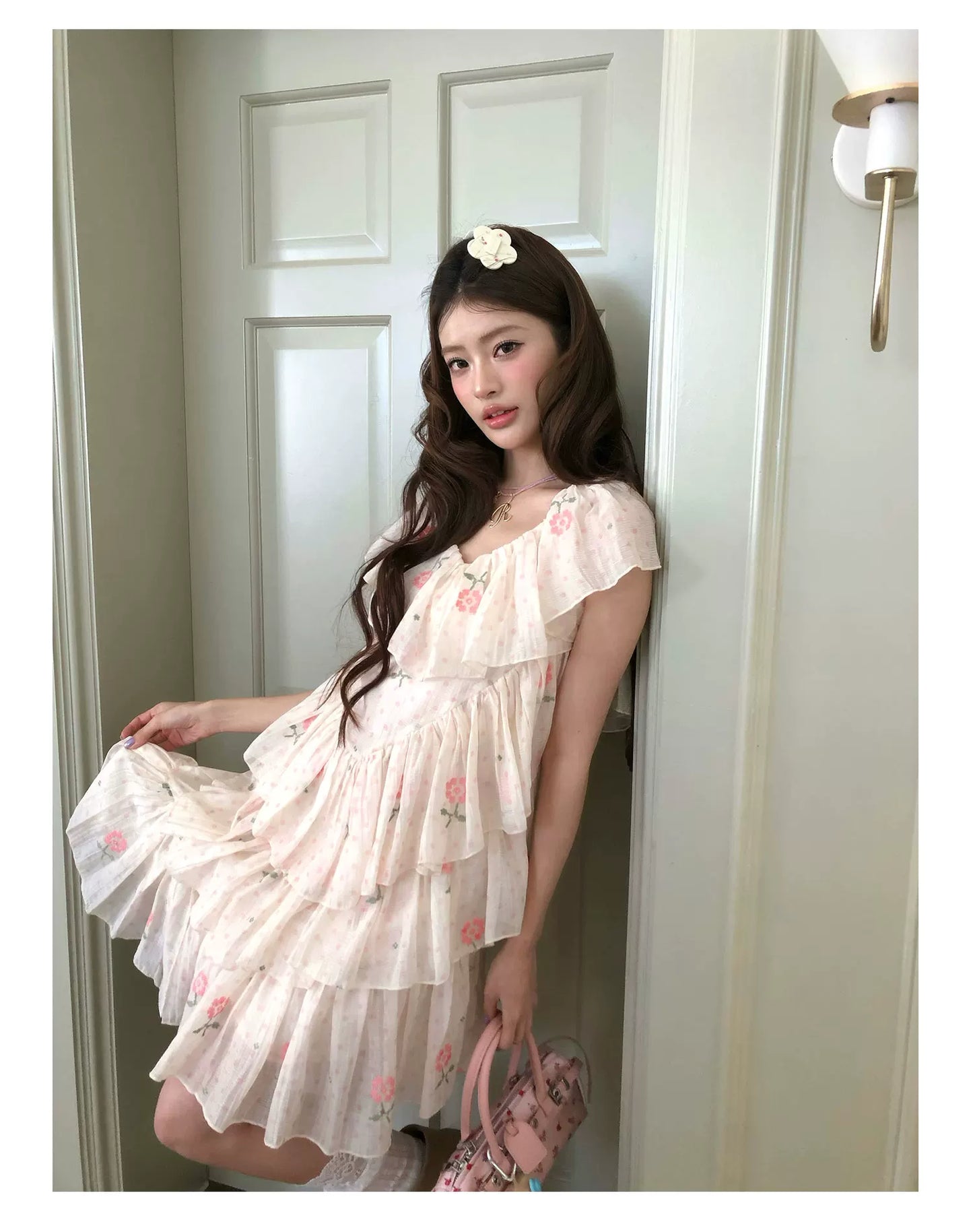 “Cloud Ruffle Reverie” Cream Apricot Floral Ruffle Dress