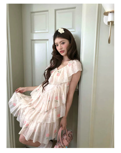 “Cloud Ruffle Reverie” Cream Apricot Floral Ruffle Dress