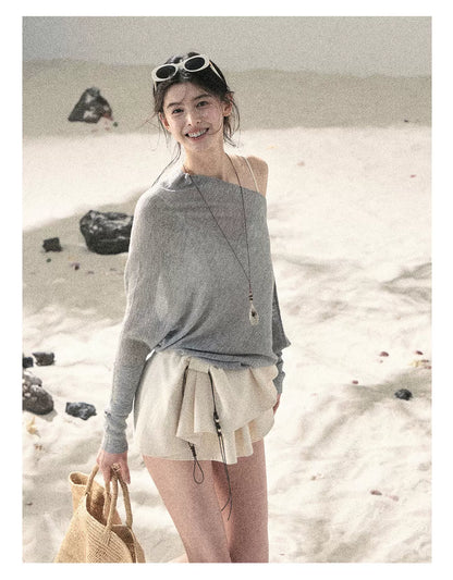 "Misty Veil Whisper" Cloud Trail Gray Off-Shoulder Sheer Sun Protection Top 5345634