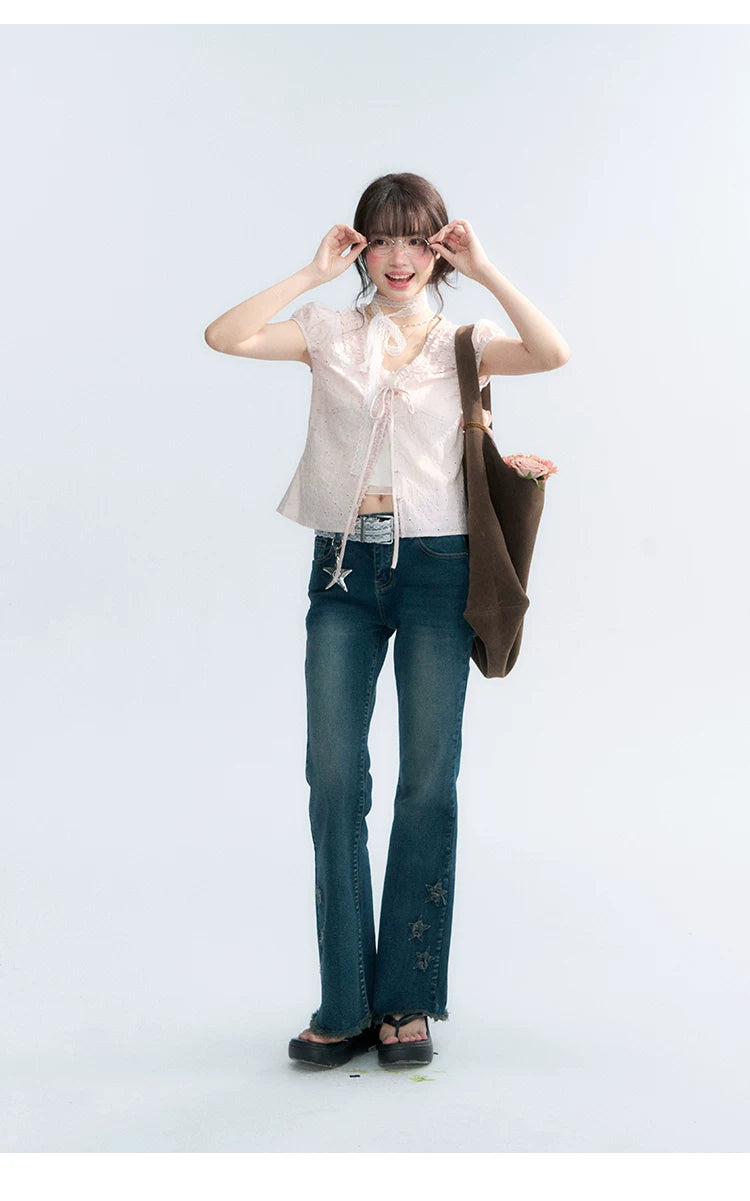 "Vintage Stardust" Star Embroidered Flared Jeans
