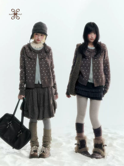 Dark Taupe Brown Polka Dot Layered Knit Sweater