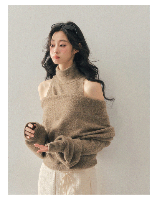 少也眼 "Echo of Sunset" Off-Shoulder Turtleneck Knit Two-Piece Set