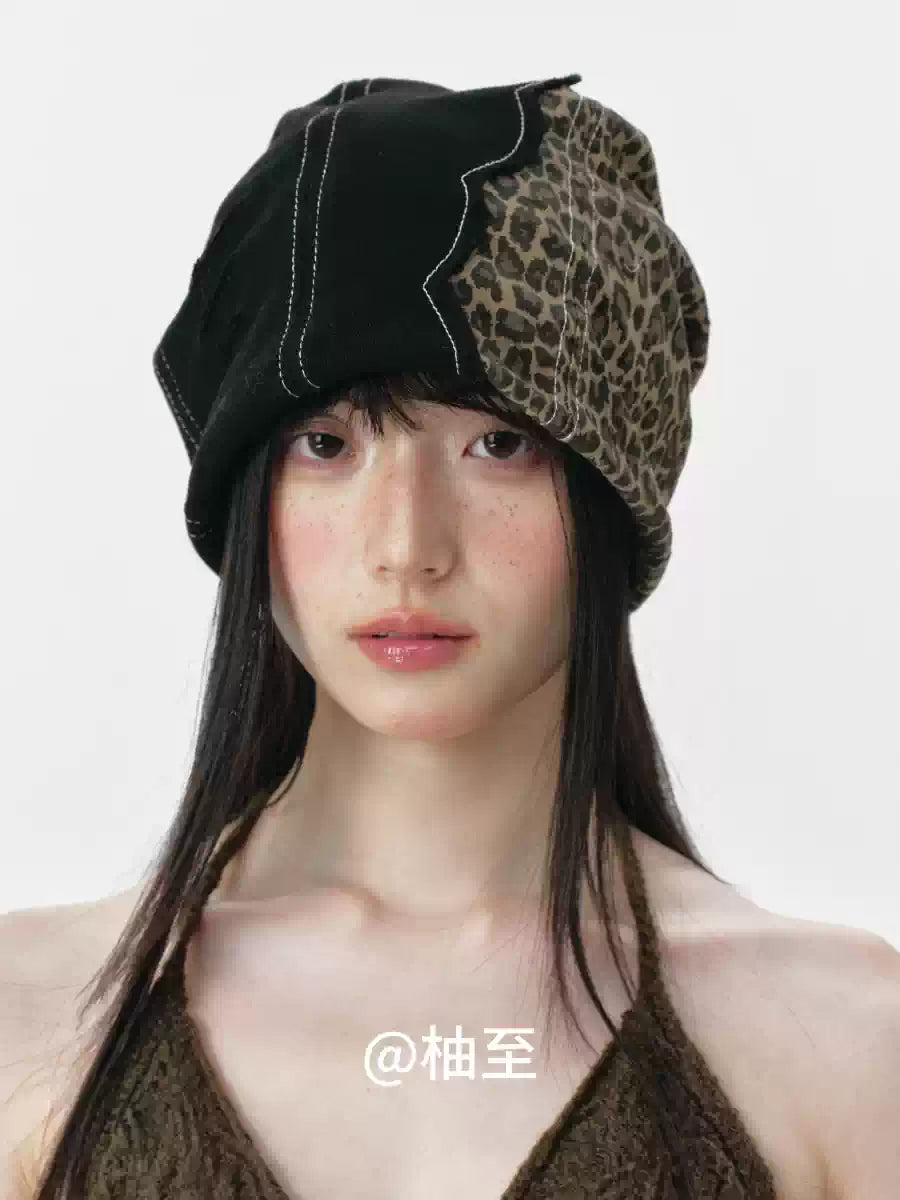 Leopard Patchwork Headscarf Beanie – Korean Style Slouchy Cap