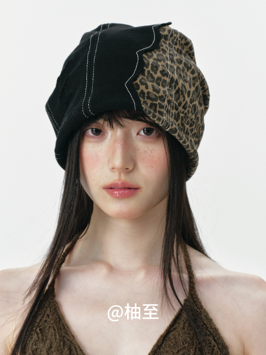 Leopard Patchwork Headscarf Beanie – Korean Style Slouchy Cap