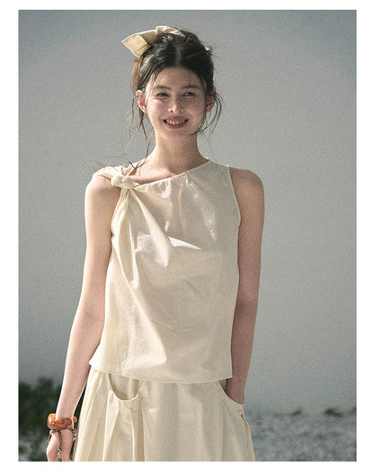 “Ivory Pleated Verse” Soft White Asymmetrical Twist Top & Skirt