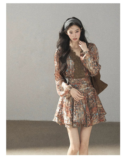 AOMALM - “Whispers of Withered Branches” Rich Cocoa French Lace Chiffon Mini Dress with Tights