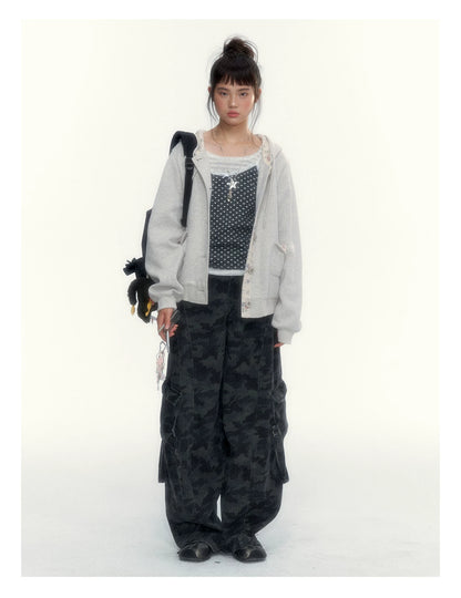 “Early Gray” Light Gray Striped Lace-Trimmed Fitted Long-Sleeve Top
