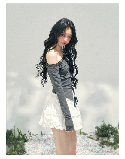 少也眼 “She Becomes Poetry in Motion” Layered One-Shoulder Lace Top - Deep Rock Gray 78967896