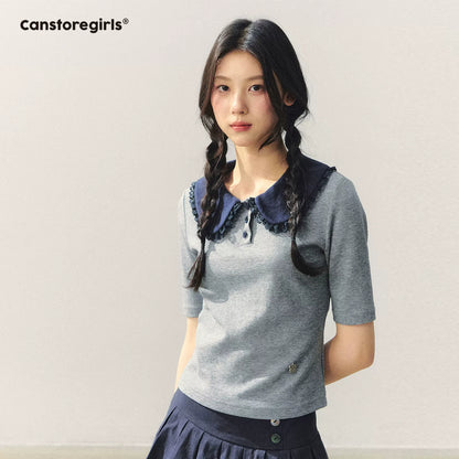 "Blue Collar Diary" Contrast Doll Collar Knit Tee YL2026054