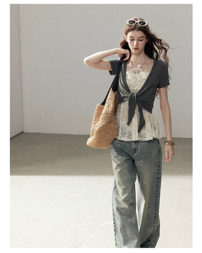 "Passing By the Sea" Vintage Blue Rhinestone Bow Wide-Leg Jeans