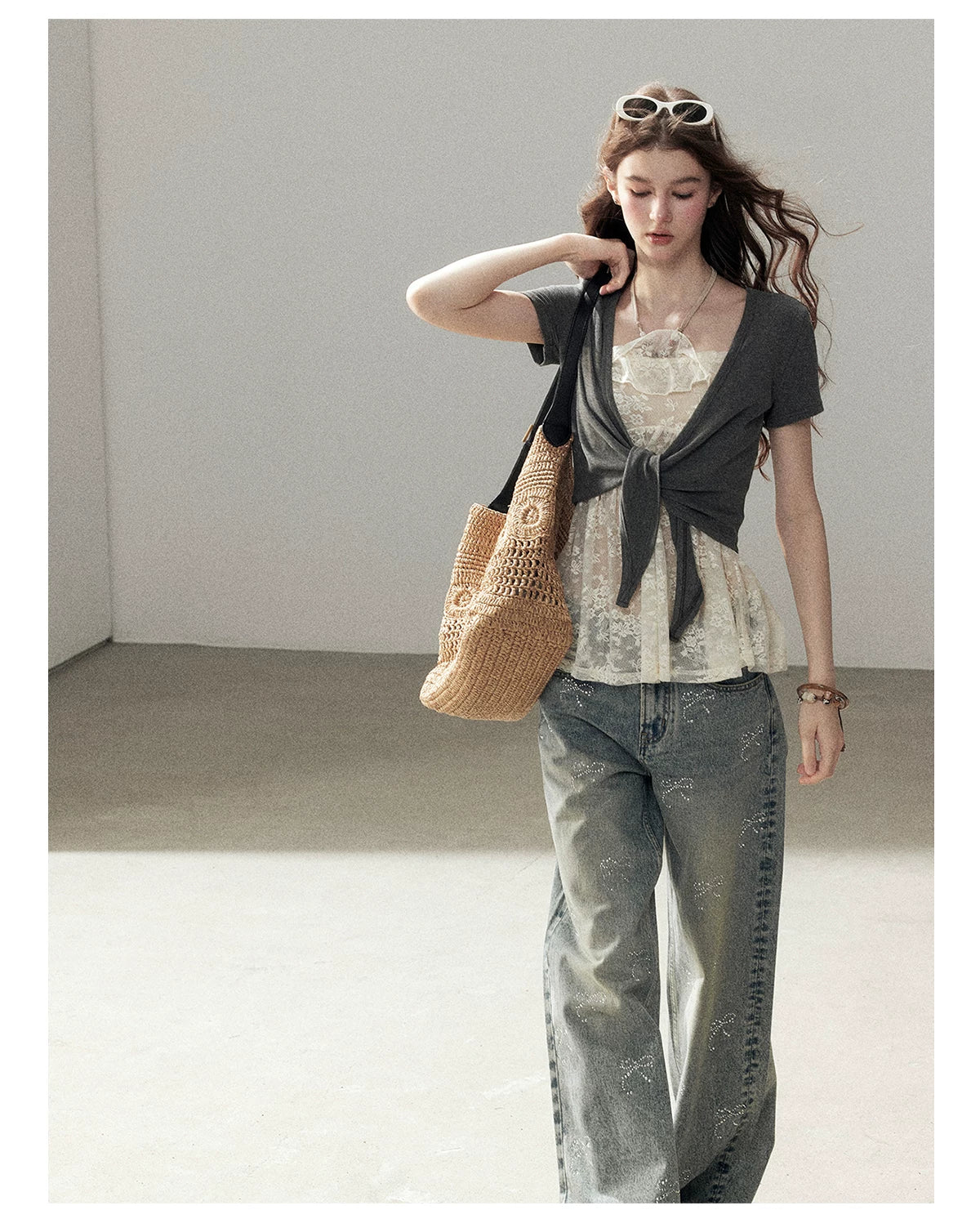 "Beyond the Morning Mist" Dutch Cream Lace Cami & Silver Mouse Gray Sheer Cardigan Set