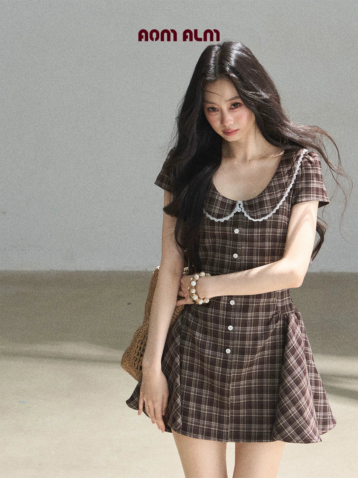 "The Camphor Tree in Late May" Chestnut Brown Plaid Peter Pan Collar Babydoll Mini Dress