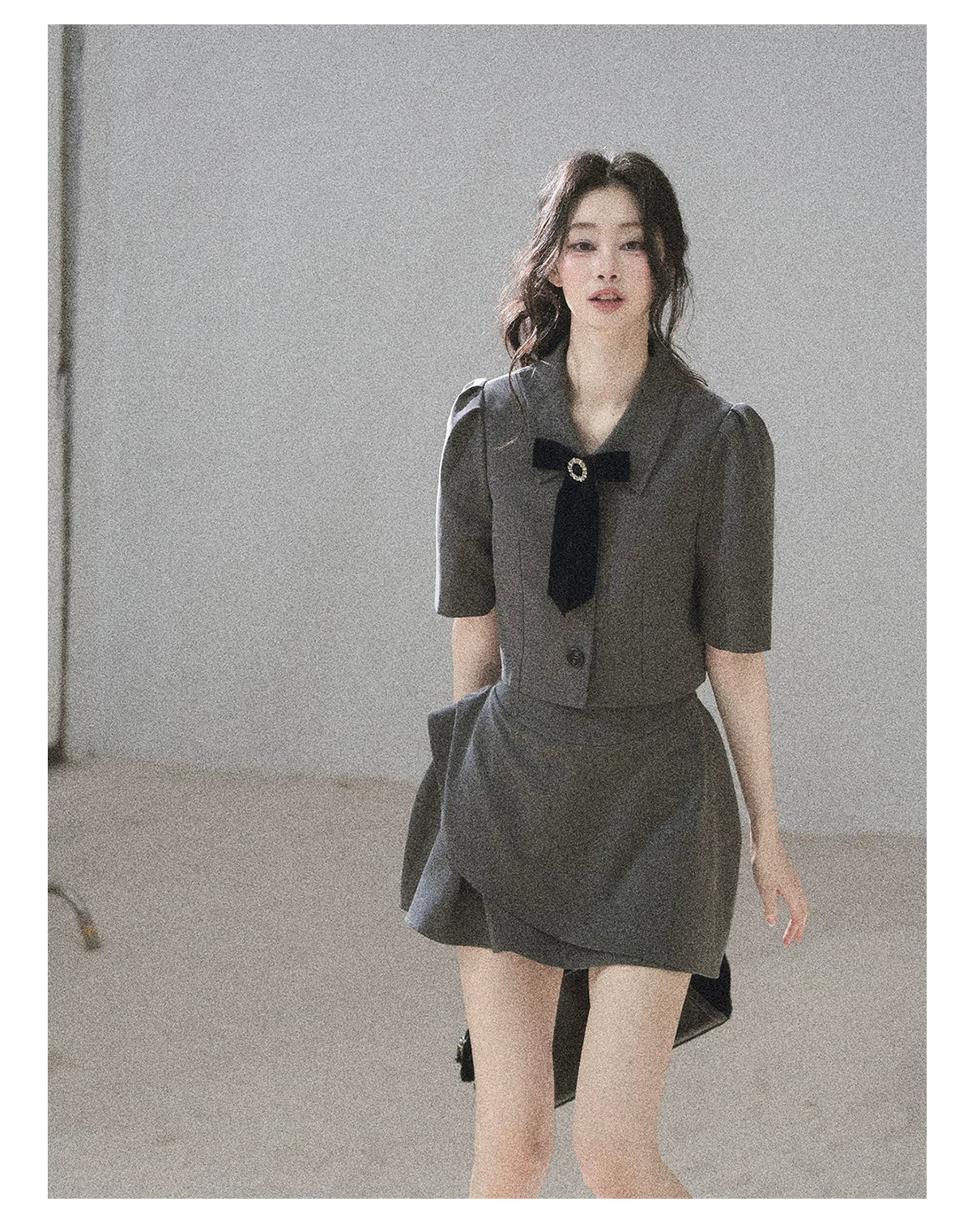 "Paris Afternoon" Slate Gray Bow Top & A-Line Mini Skirt Two-Piece Set