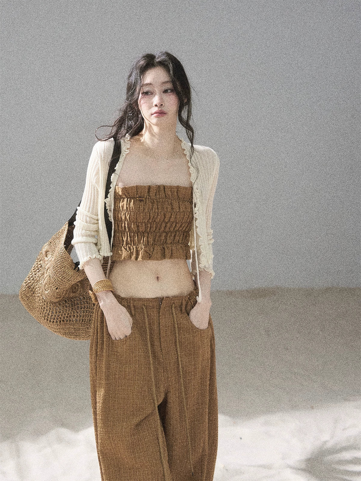 "Caramel Dusk" Ash Caramel Shirred Bandeau Top & Relaxed Pants Set