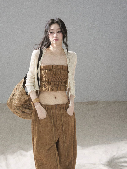 "Caramel Dusk" Ash Caramel Shirred Bandeau Top & Relaxed Pants Set