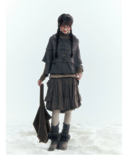 Horridale - Warm Charcoal Gray Knit Cape Poncho with Ruffle Collar