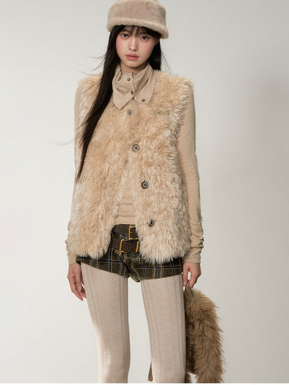 Soote Season - Korean Amber Brown Curly Faux-Fur Vest