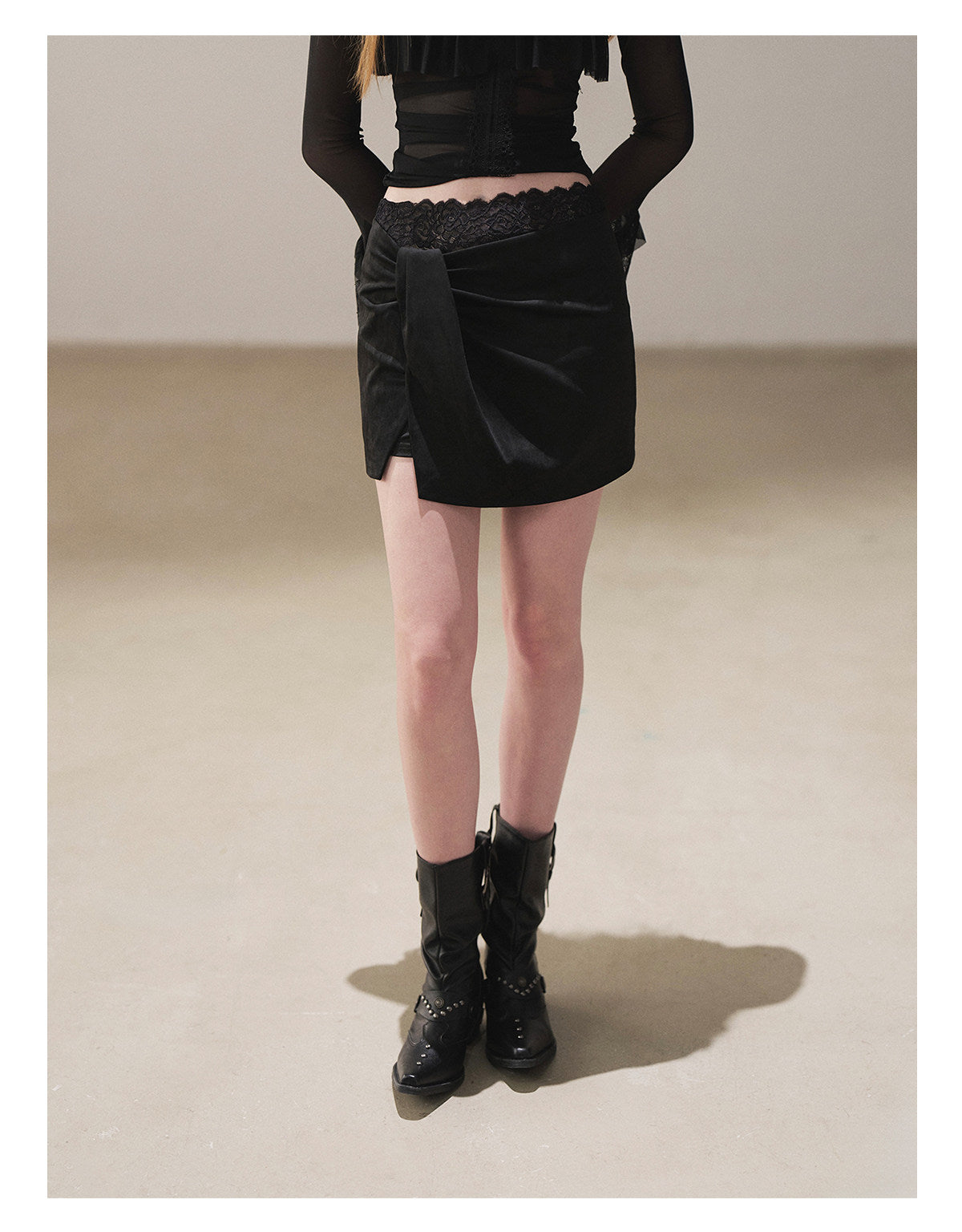 170726 "The Gentle Evening Breeze" Tranquil Black Lace-Trim Faux Layered Wrap Mini Skirt