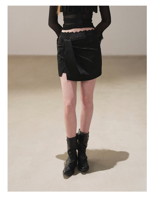 170726A "The Gentle Evening Breeze" Tranquil Black Lace-Trim Faux Layered Wrap Mini Skirt