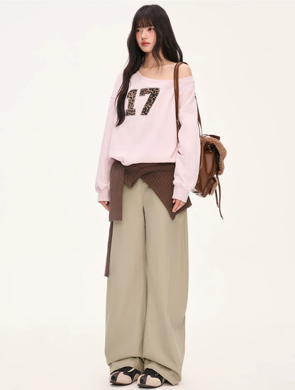 "Pink Panther Mood" Blush Pink Leopard Patch One-Shoulder Sweatshirt
