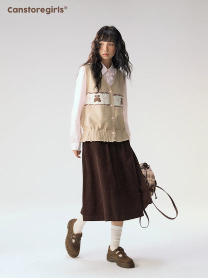[CAN] "Bear Waltz" Brown Bow Jacquard Knit Vest