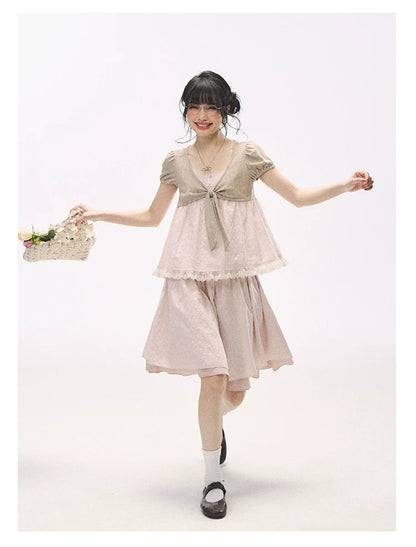 "Sweetheart Pages" Blush Pink Bow Puff Sleeve Top & A-Line Skirt Set
