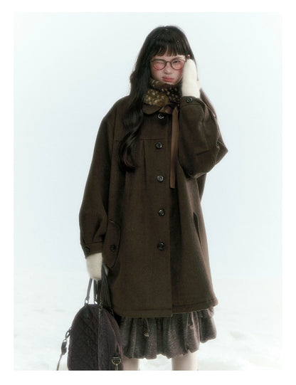 Horridale - Peter Pan Collar Pleated Mid-Length Wool-Blend Coat – Brown Coffee