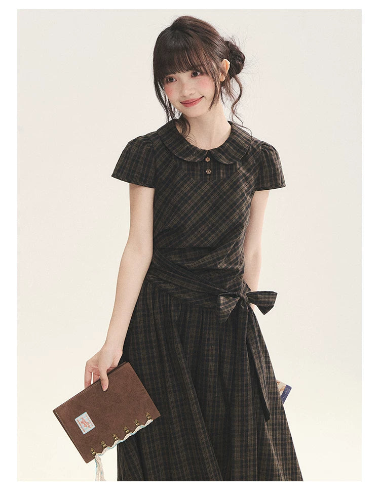 "Vintage Scholar" Black Brown Plaid Bow Tie Peter Pan Collar Maxi Dress