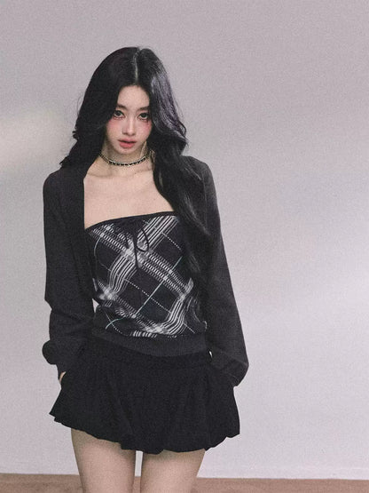 少也眼 Preppy American-Style Plaid Knit Set