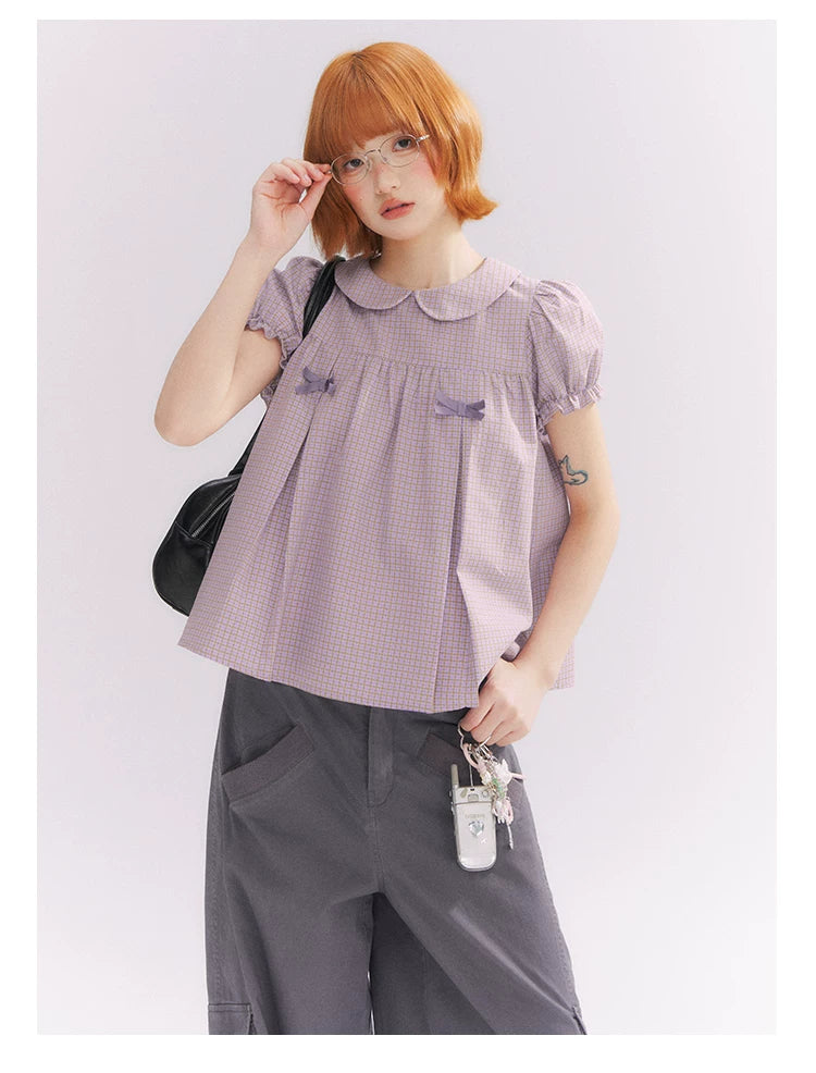 “Taro Milk Candy” Purple Plaid Bow Peter Pan Collar Puff Sleeve Blouse