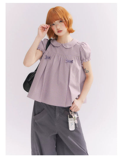“Taro Milk Candy” Purple Plaid Bow Peter Pan Collar Puff Sleeve Blouse