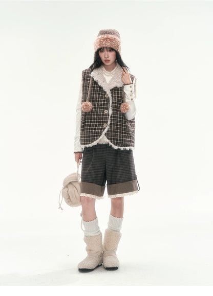 CAN - "The Velvet Alcove" Light Coffee Brown Reversible Plaid Shearling Vest