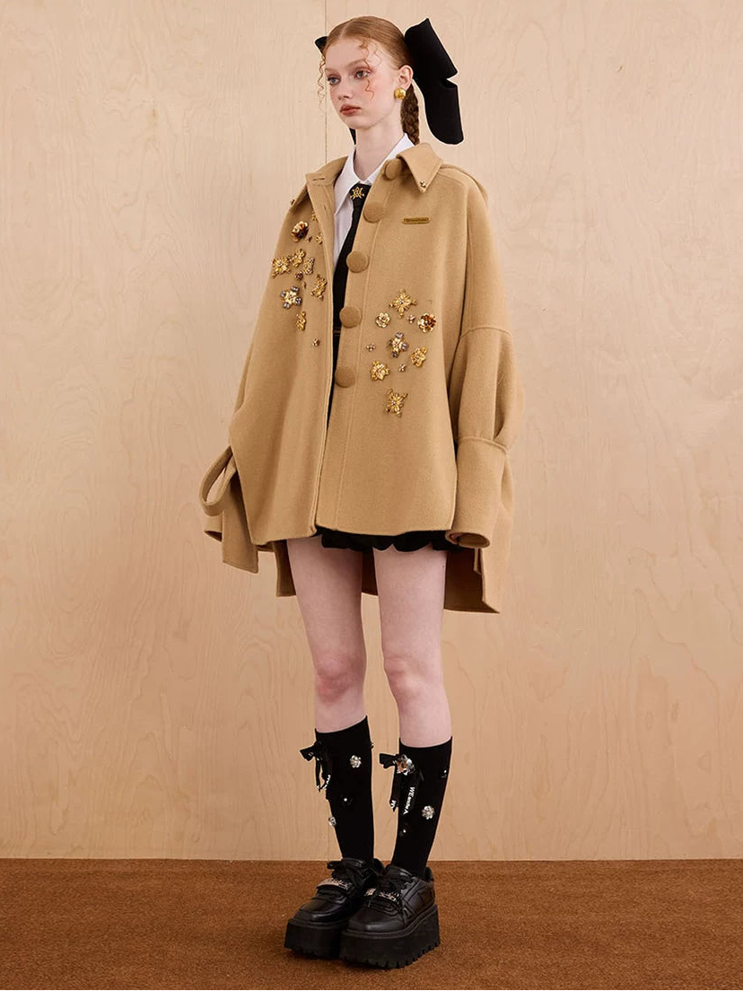 WEANCHEAM Wool Cape Coat | Cat-Ear Hood & Bow Details (Solid Camel/ Black Check)