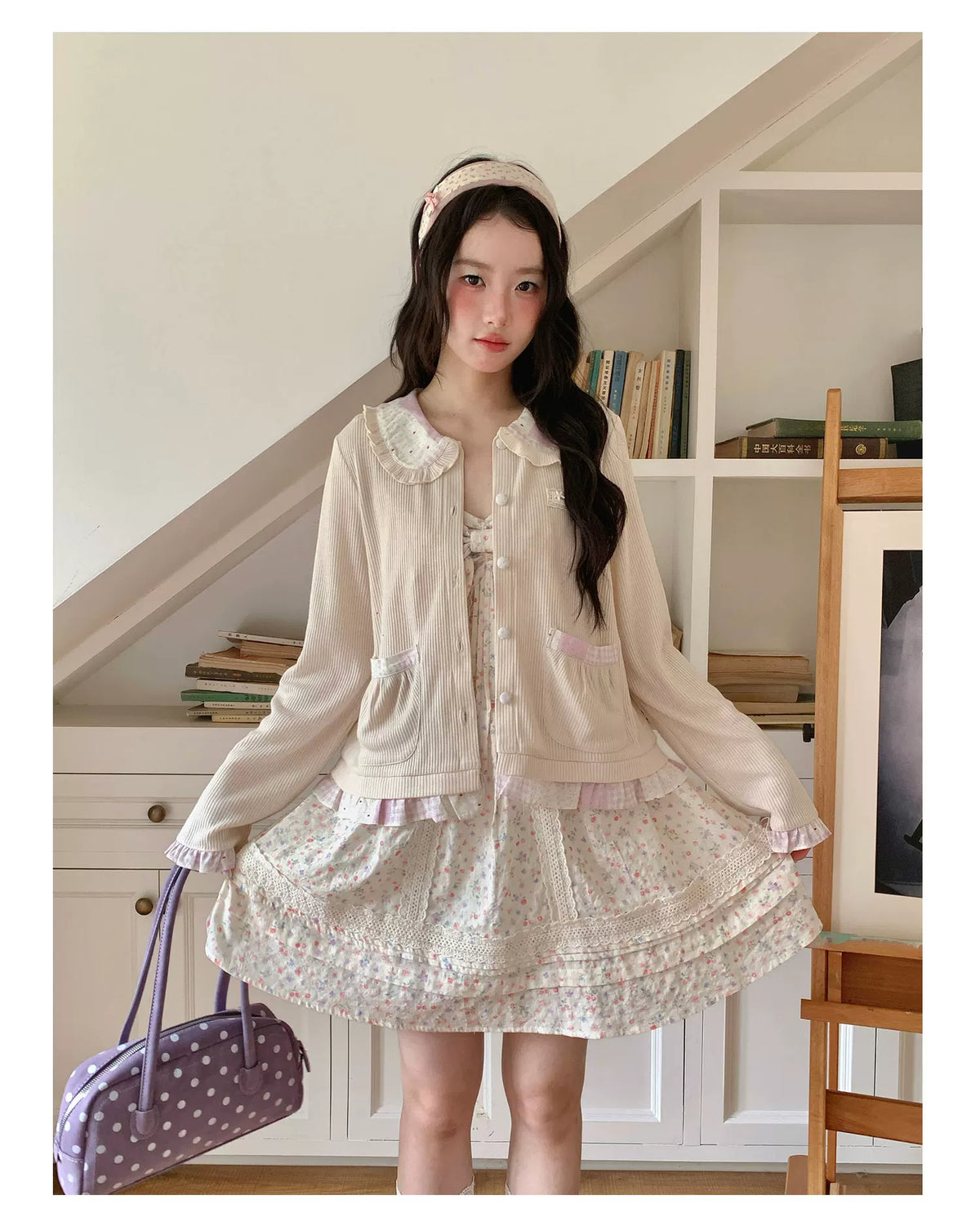 [[RF] “Garden Letter” Floral Print Cream Lace Bow Camisole Mini Dress