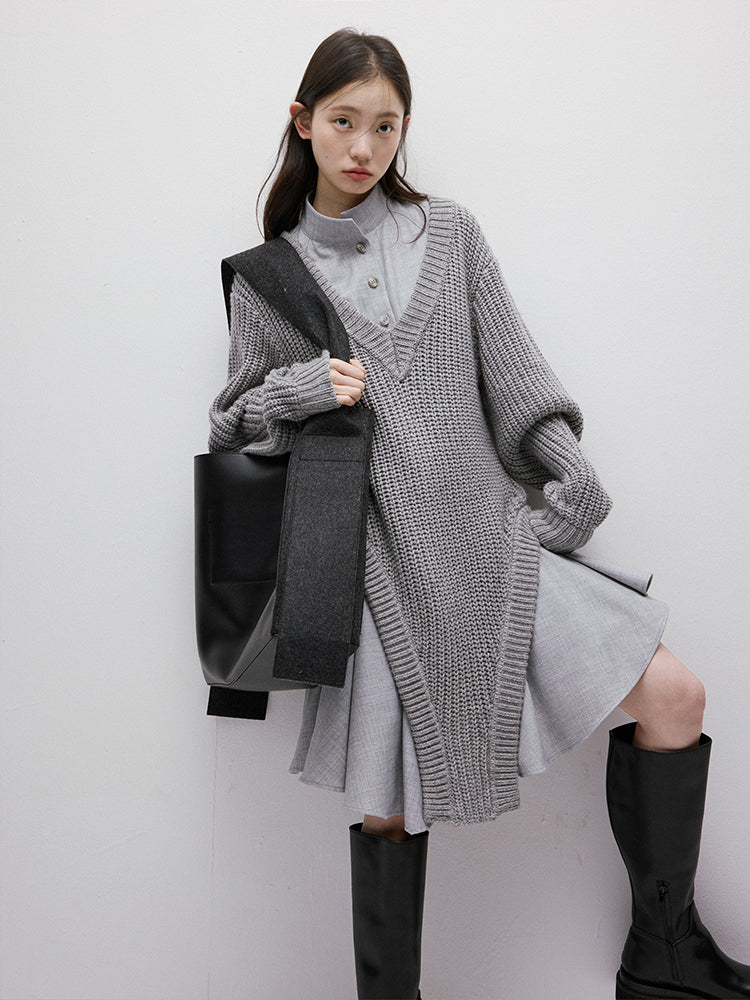FUSSED Noise Irregular Knit Patchwork V-Neck Sweater Dress FOF-25SS023